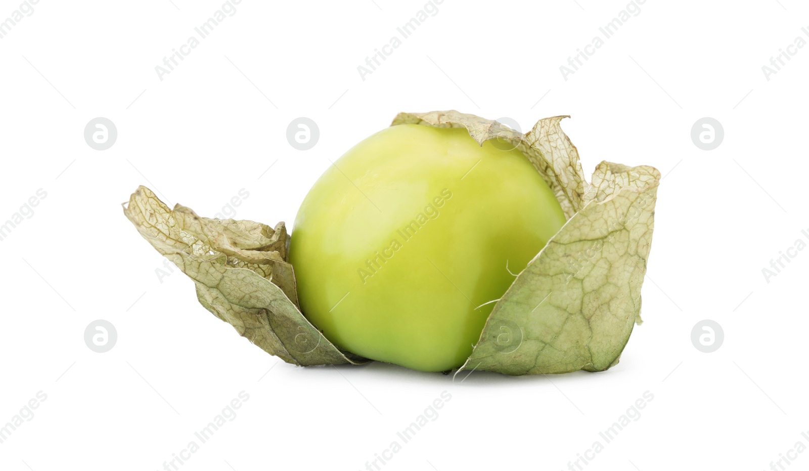 Photo of Fresh green tomatillo with husk isolated on white