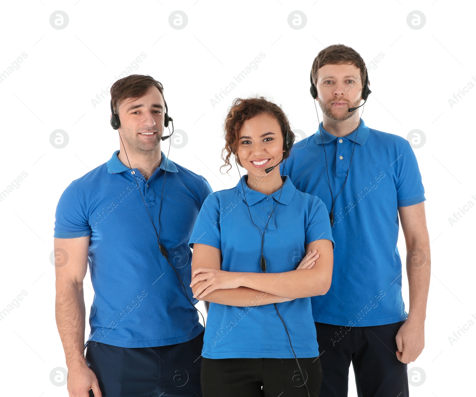 Photo of Team of technical support with headsets isolated on white