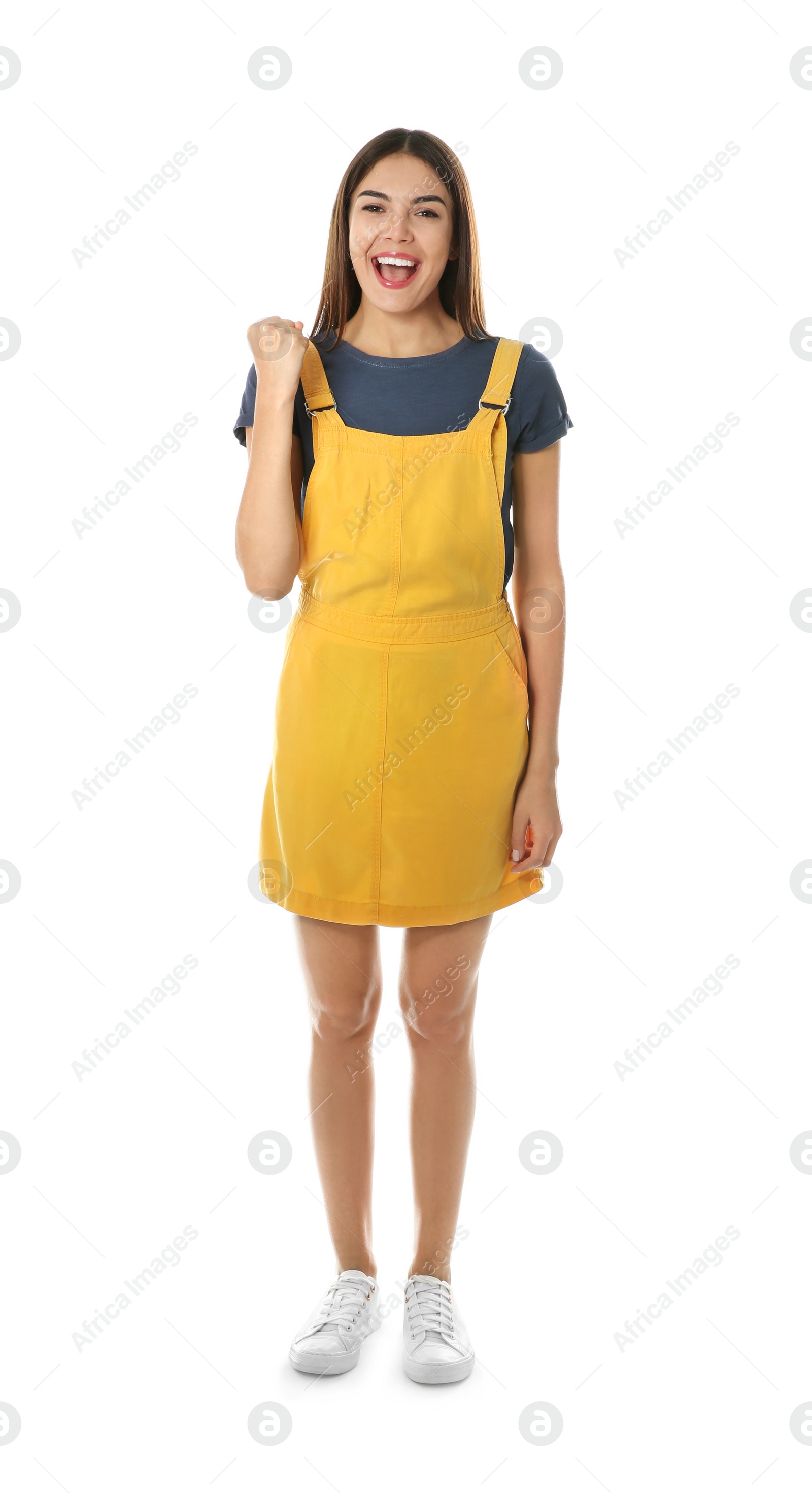 Photo of Full length portrait of emotional woman on white background