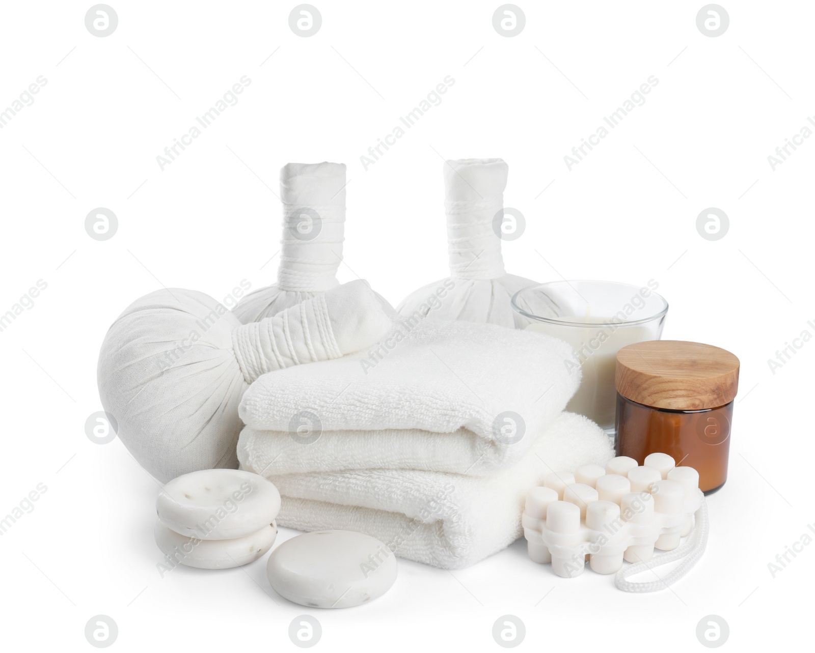 Photo of Spa composition with care products on white background