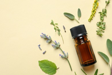 Bottle of essential oil and different herbs on beige background, flat lay. Space for text