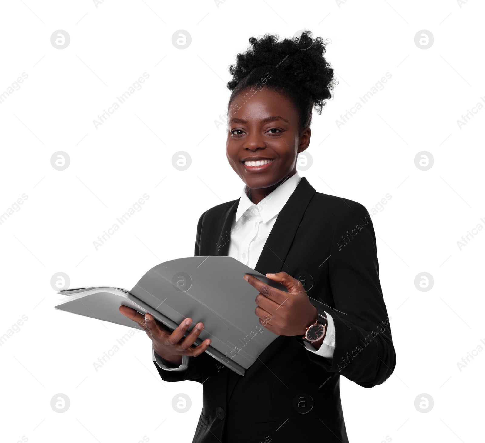 Photo of Portrait of happy woman with folders on white background. Lawyer, businesswoman, accountant or manager