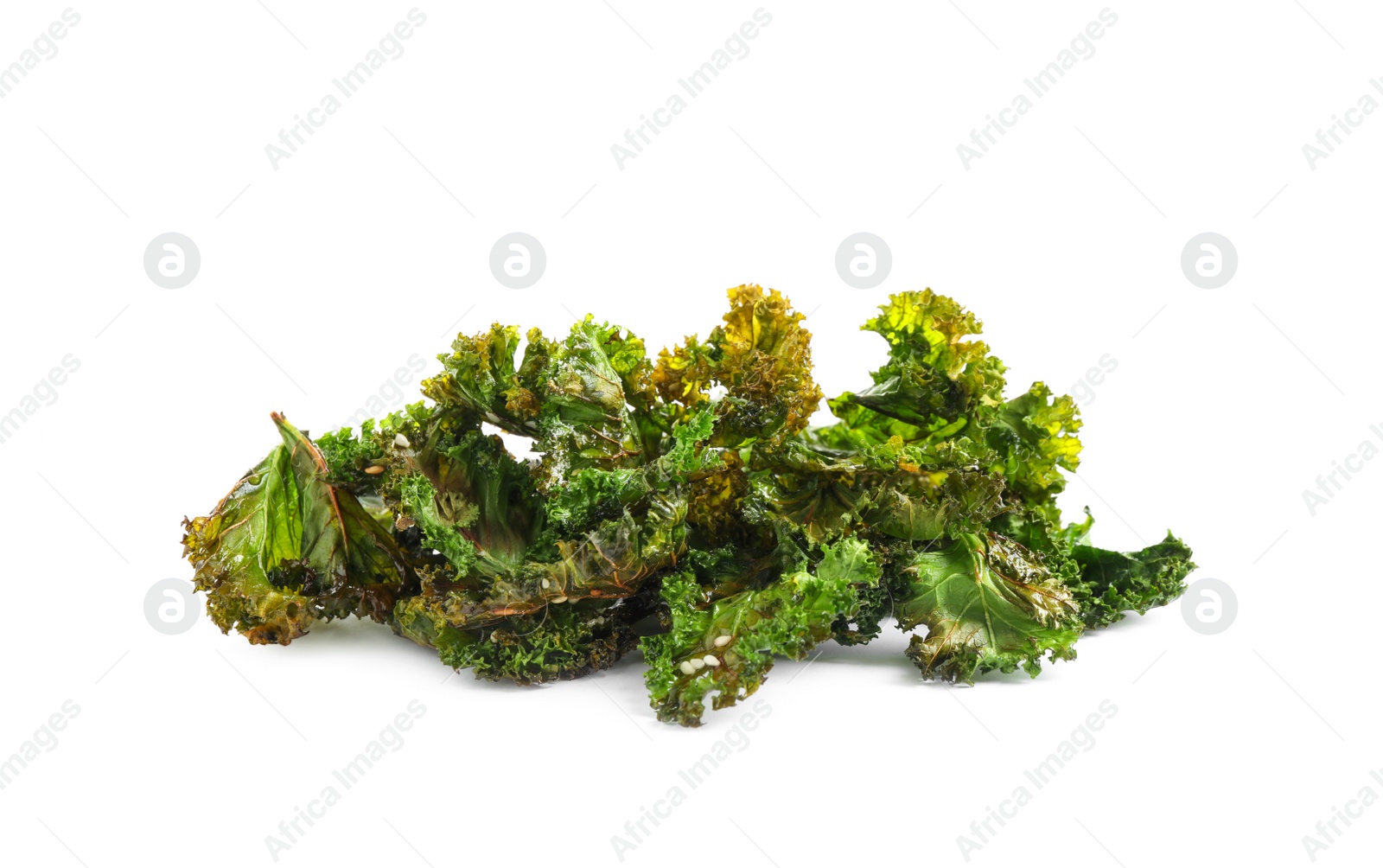 Photo of Tasty baked kale chips isolated on white