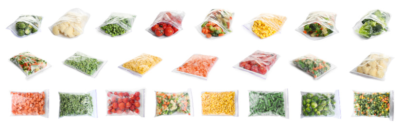 Image of Set of different frozen vegetables in plastic bags on white background