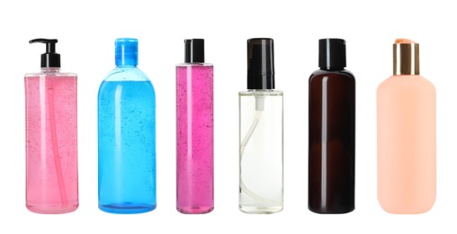 Image of Set with different bottles of personal hygiene products on white background. Banner design