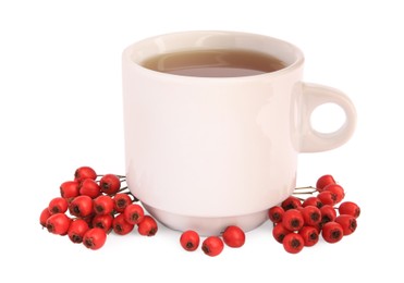 Photo of Aromatic hawthorn tea in cup and berries isolated on white
