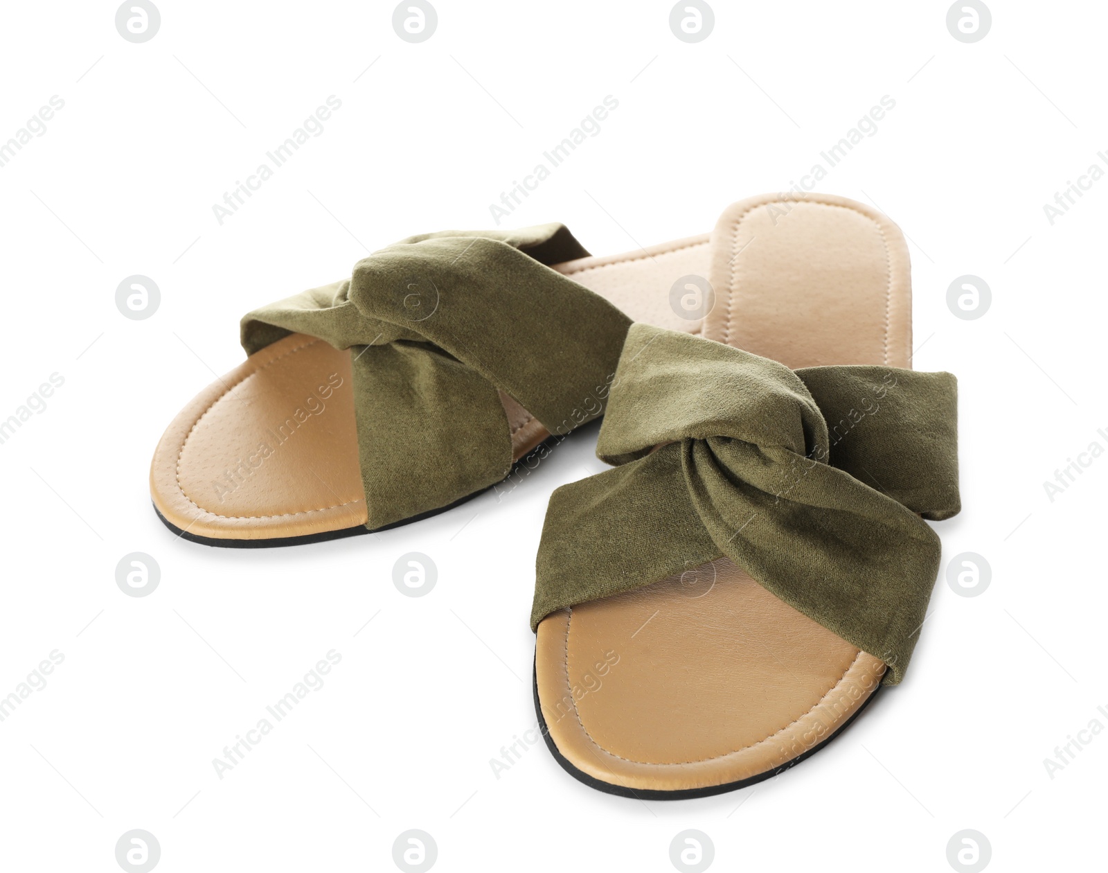 Photo of Pair of stylish slippers on white background. Beach object