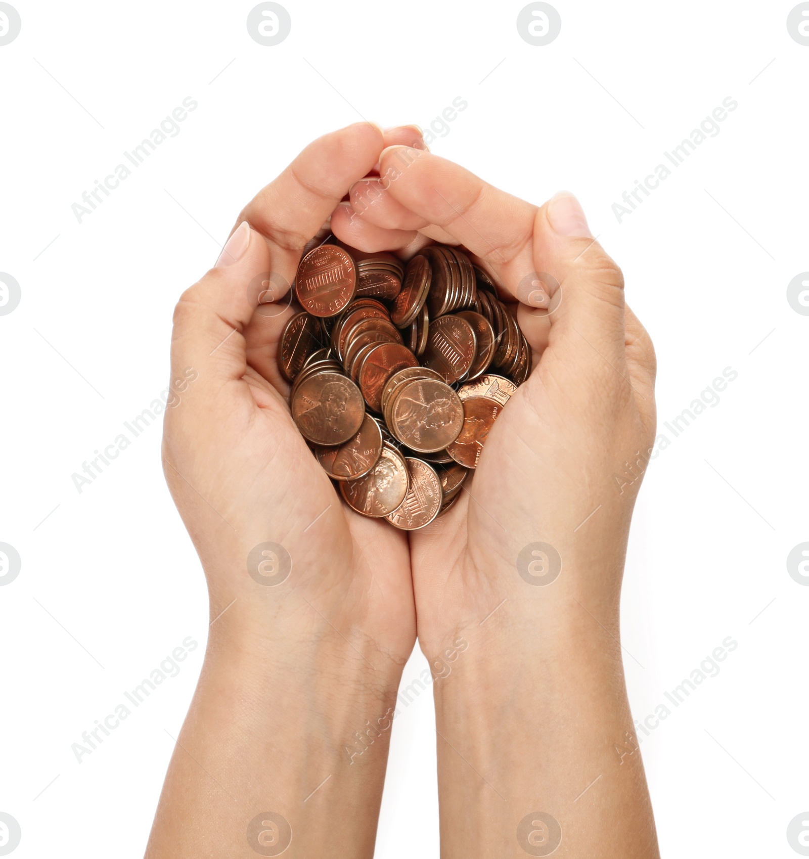 Photo of Young woman holding coins on white background, top view