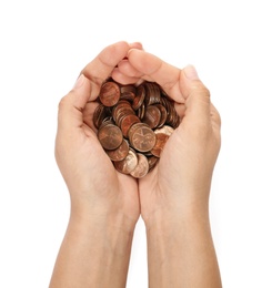 Photo of Young woman holding coins on white background, top view