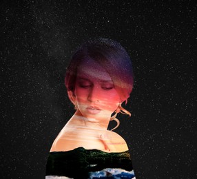 Image of Double exposure of beautiful woman and landscape at sunset on starry sky background. Astrology concept