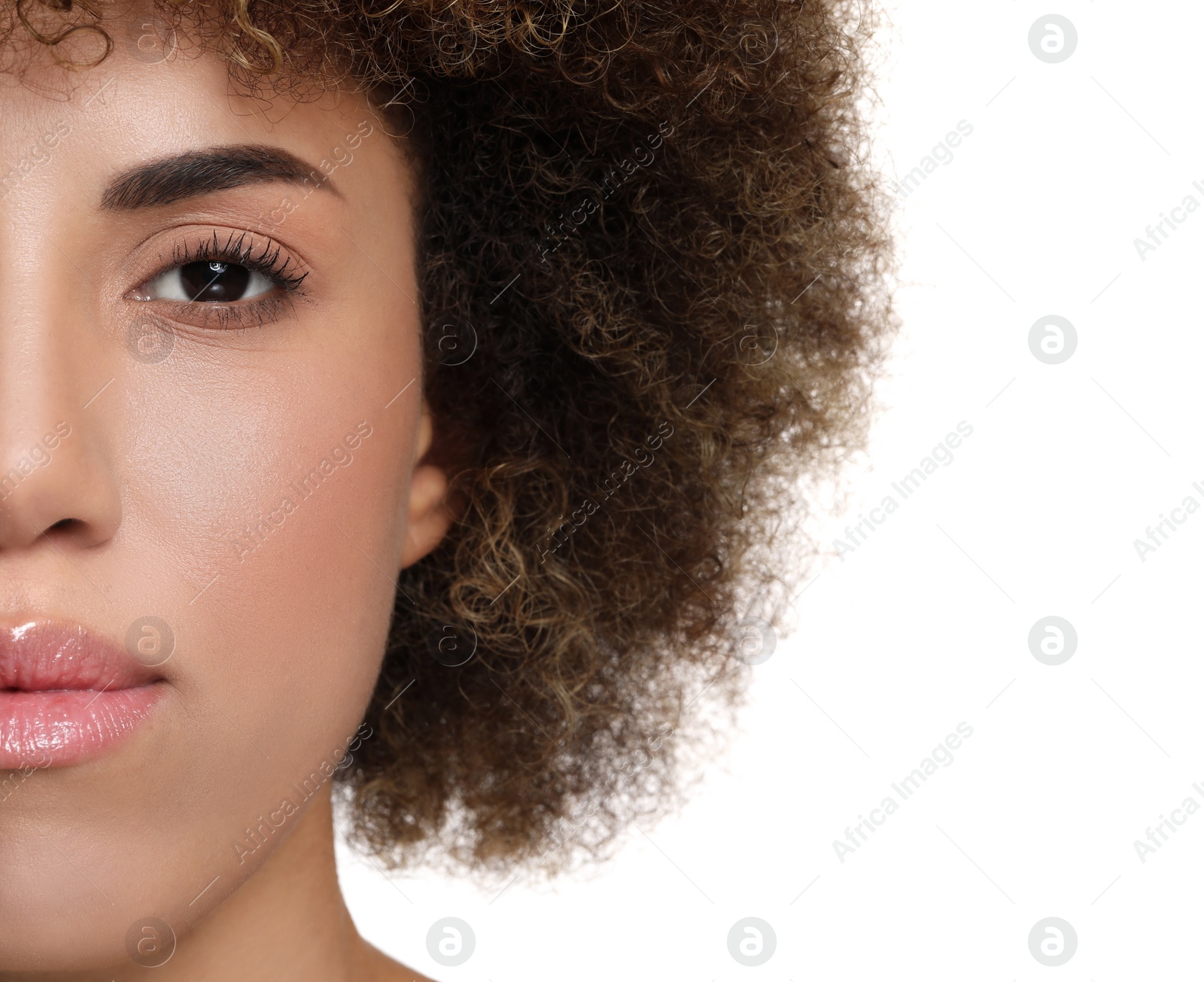 Photo of Beautiful woman with healthy skin on white background, closeup