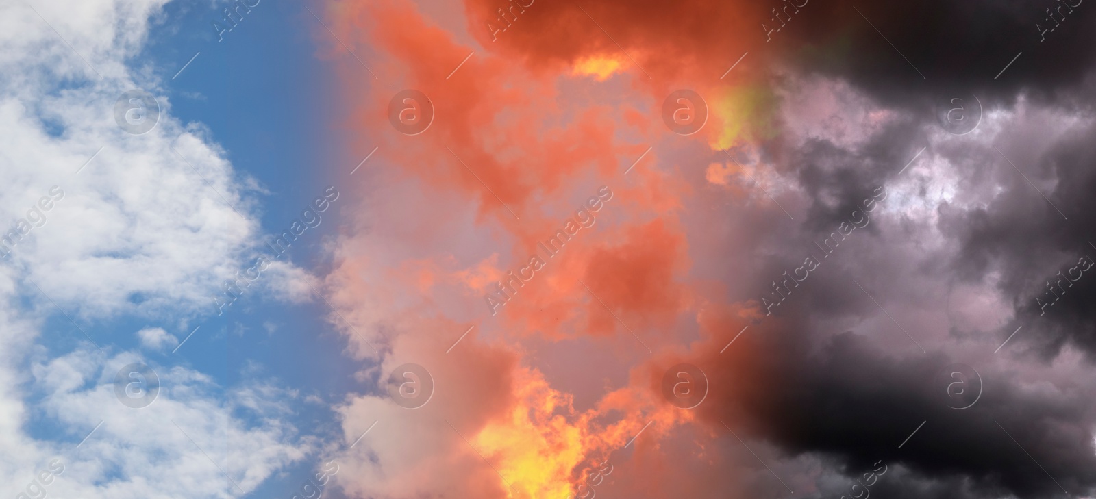 Image of Different weather conditions, banner design. Collage with photos of sky