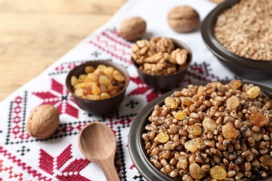 Traditional Christmas slavic dish kutia served on table, closeup. Space for text