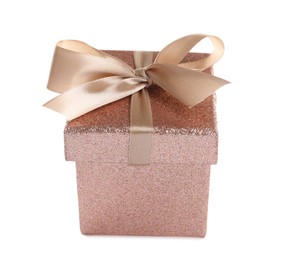 Photo of Beautiful gift box with golden ribbon and bow on white background