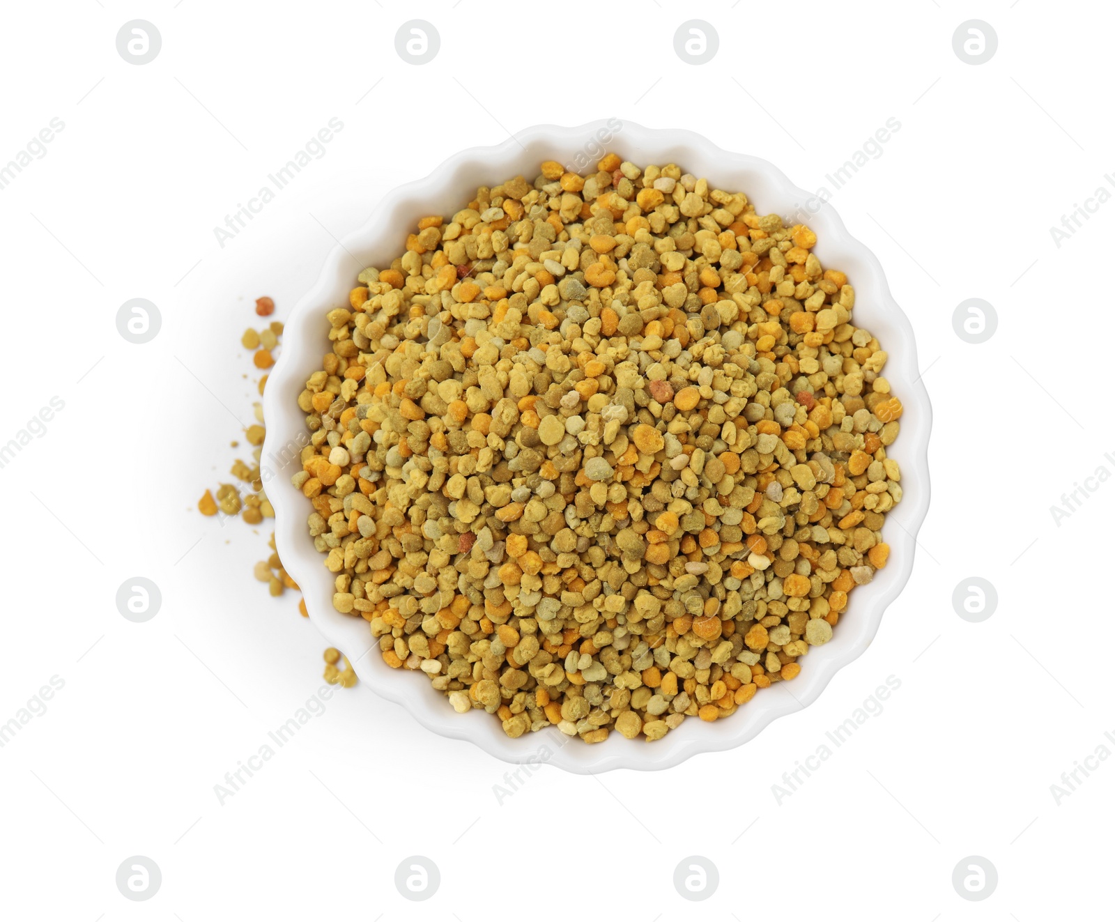 Photo of Fresh bee pollen granules in bowl isolated on white, top view