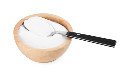 Photo of Baking soda in bowl and spoon isolated on white