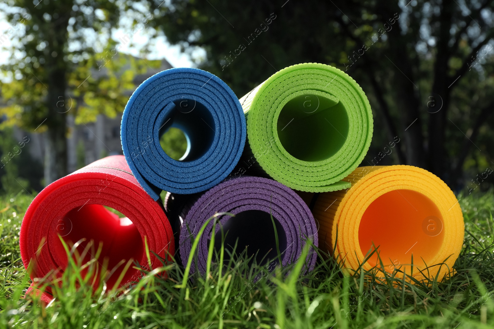 Photo of Bright exercise mats on fresh green grass outdoors