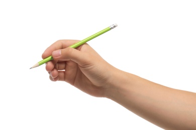 Young man holding pencil on white background, closeup