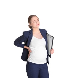 Young pregnant woman suffering from pain on white background. Working while expecting baby