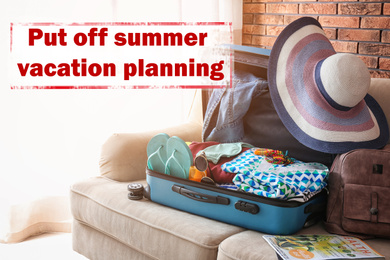 Image of Vacation cancellation concept. Open suitcase with different clothes and accessories on sofa indoors 