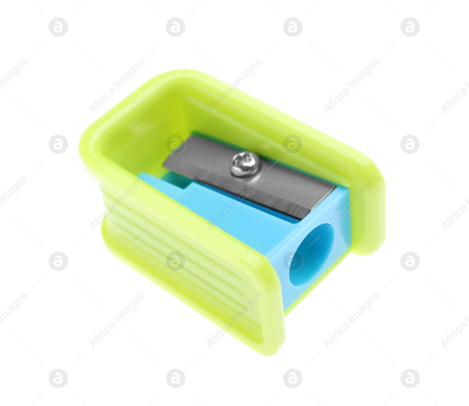 Photo of Modern pencil sharpener isolated on white. School stationery
