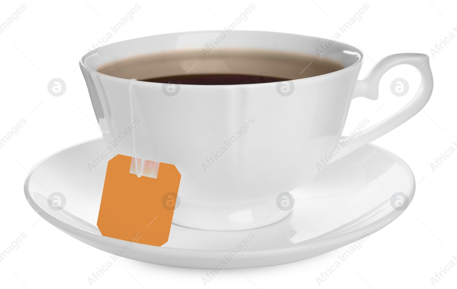 Photo of Ceramic cup with teabag isolated on white