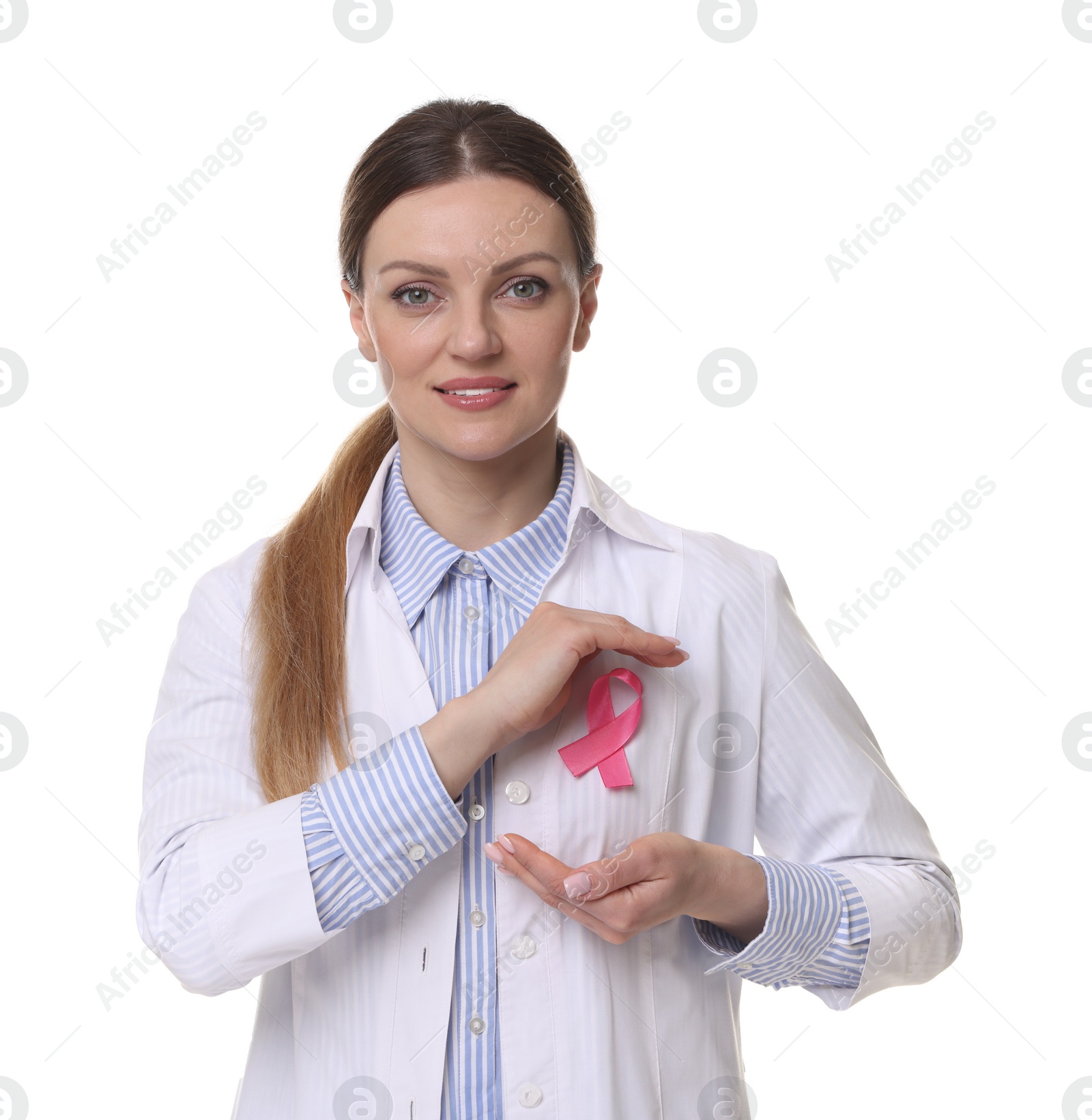 Photo of Mammologist with pink ribbon on white background. Breast cancer awareness