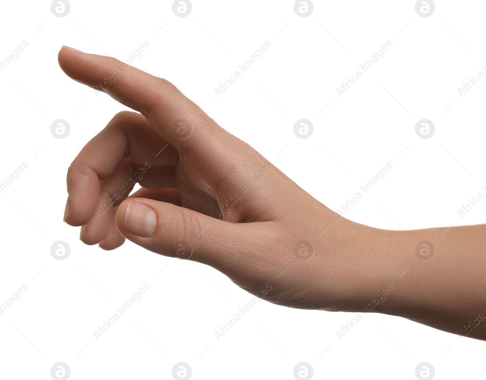 Photo of Woman pointing at something on white background, closeup