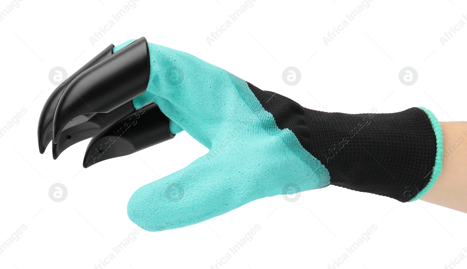Photo of Woman in claw gardening glove on white background, closeup