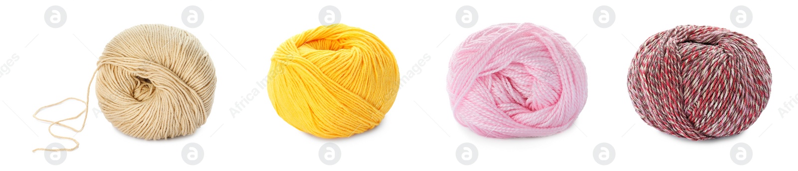 Image of Collage with colorful yarns on white background