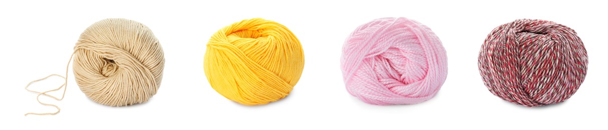 Image of Collage with colorful yarns on white background