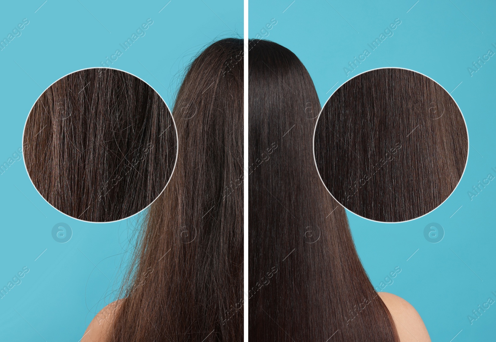 Image of Photo of woman divided into halves before and after hair treatment on light blue background, back view. Zoomed area showing damaged and healthy strand