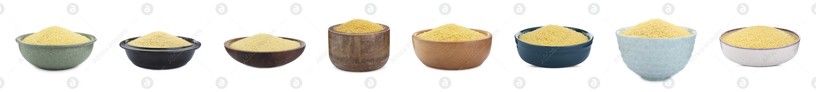 Image of Collage with raw couscous in different bowls on white background