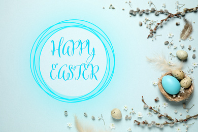 Image of Beautiful flat lay composition with eggs and text Happy Easter on light blue background