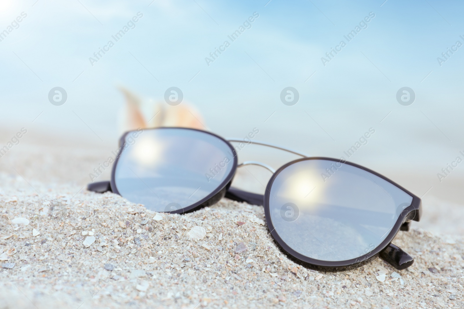 Photo of Stylish sunglasses and shell on sandy beach, closeup