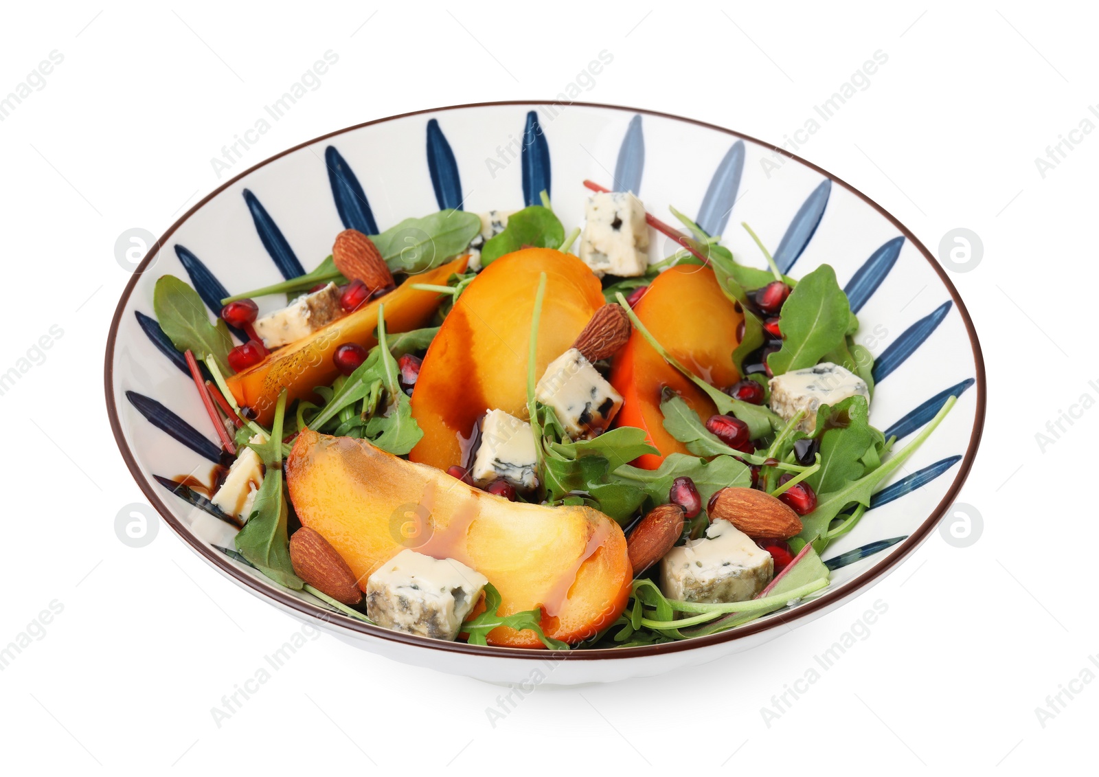 Photo of Tasty salad with persimmon, blue cheese, pomegranate and almonds isolated on white