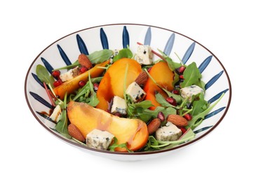 Tasty salad with persimmon, blue cheese, pomegranate and almonds isolated on white