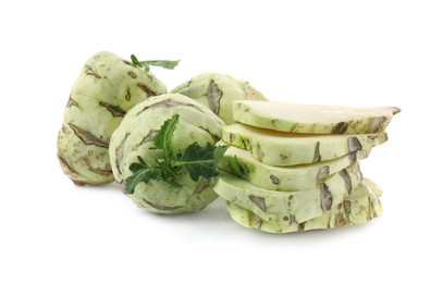 Fresh cut kohlrabi cabbage on white background