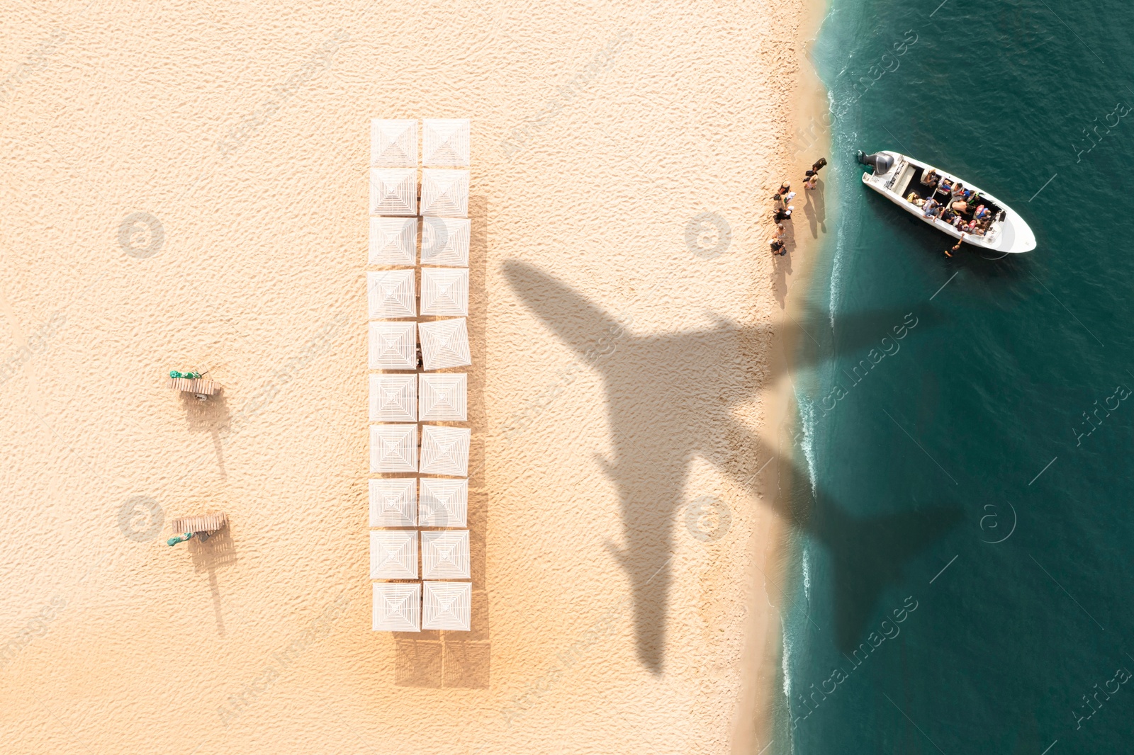 Image of Shadow of airplane and motorboat with people at sandy coast, aerial view. Summer vacation