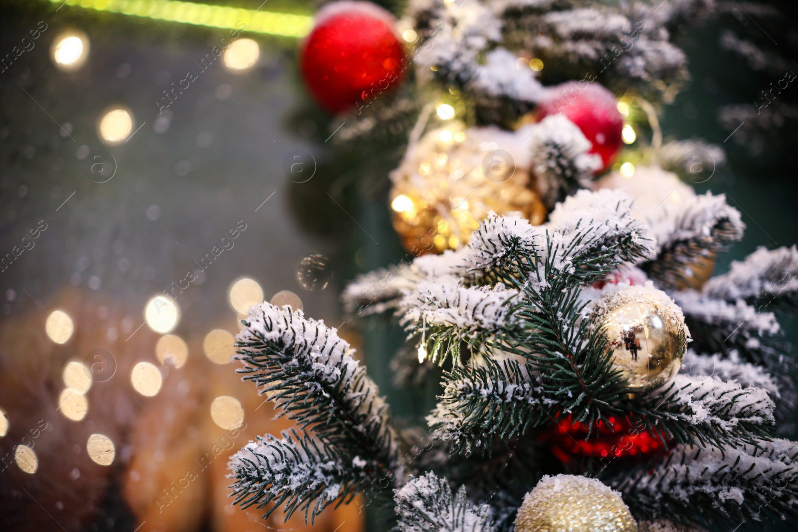 Photo of Beautiful Christmas balls and fir branches on blurred background