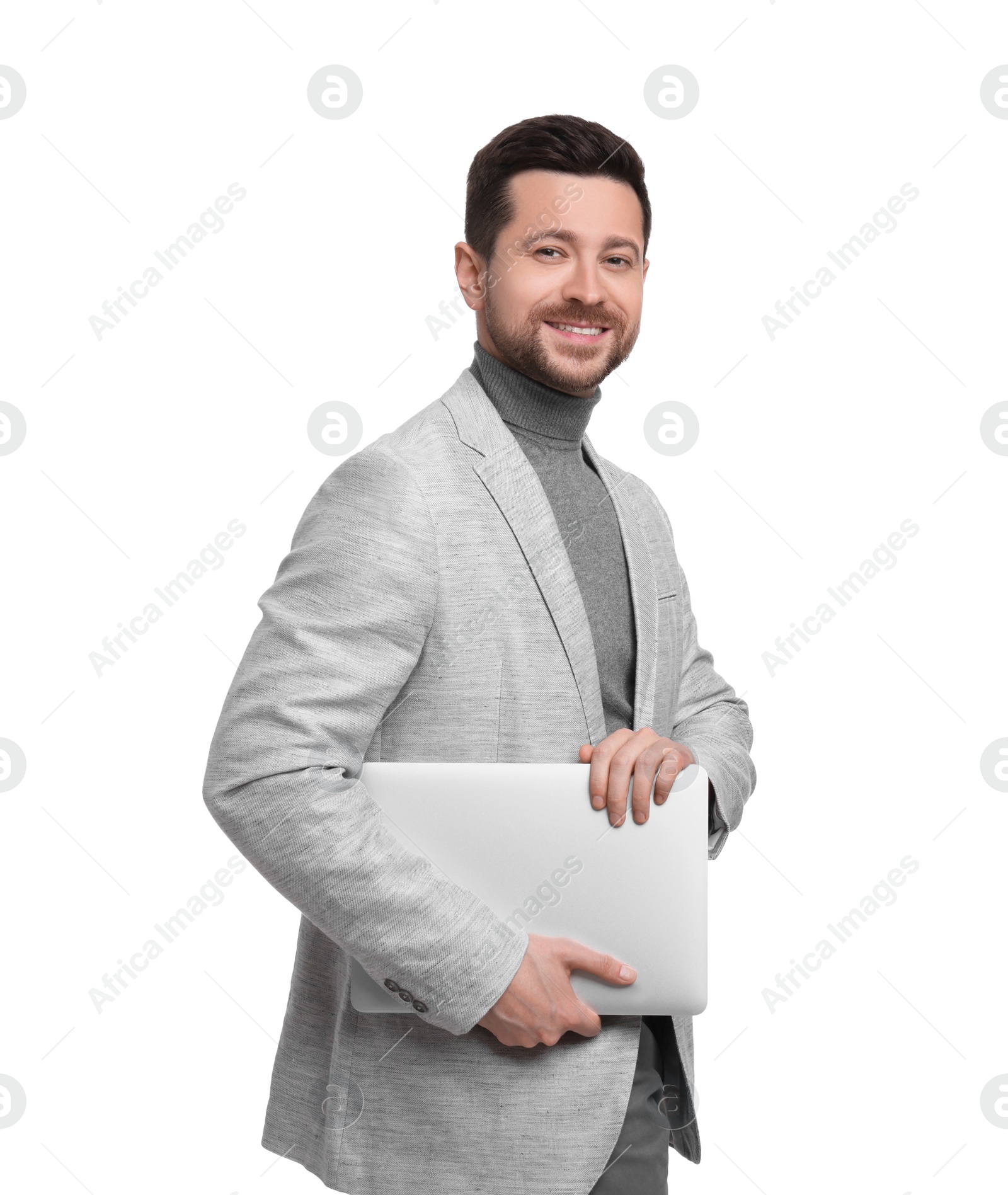 Photo of Handsome bearded businessman with tablet on white background