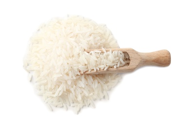 Photo of Scoop and uncooked long grain rice on white background, top view