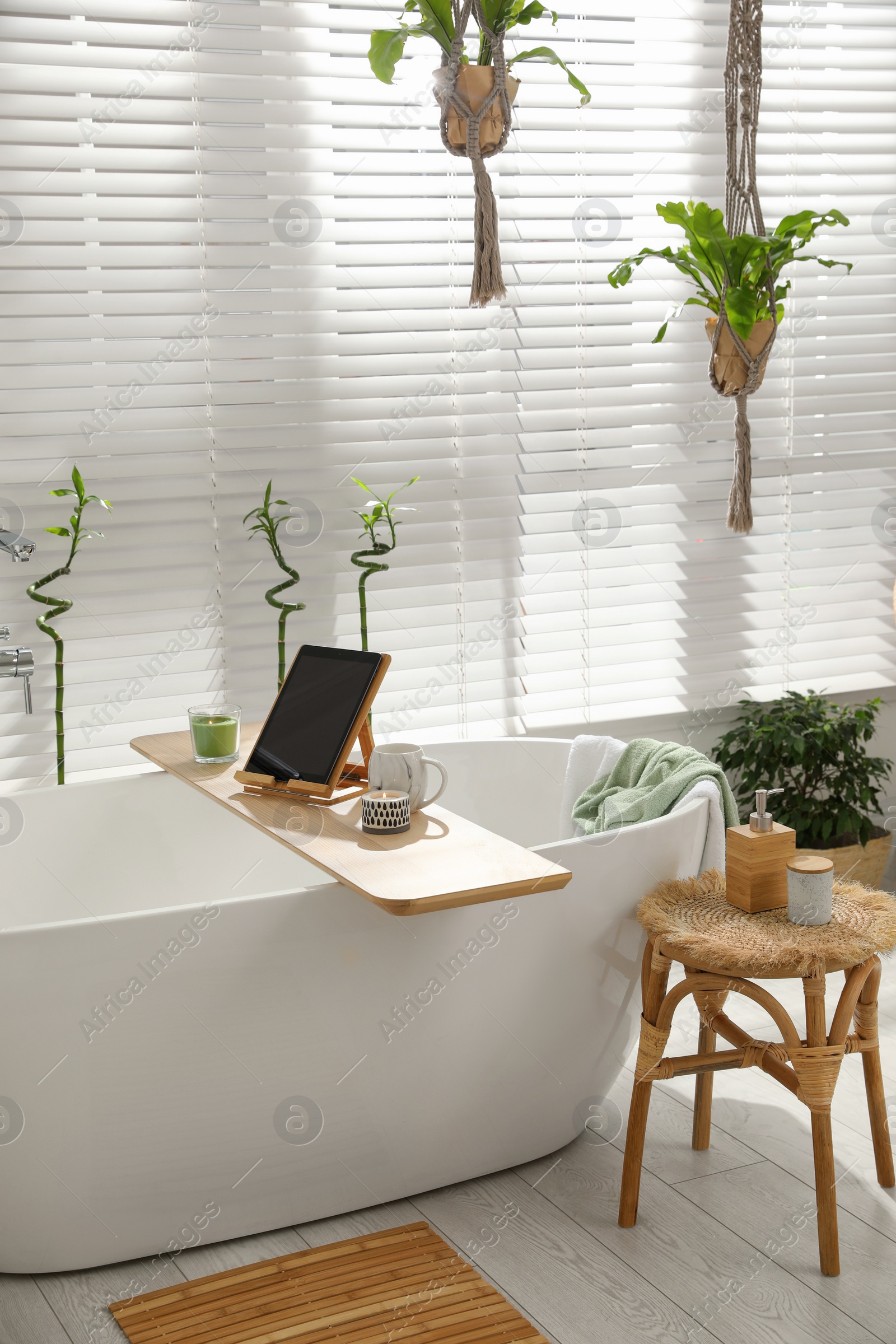 Photo of Stylish white tub and green houseplants in bathroom. Interior design