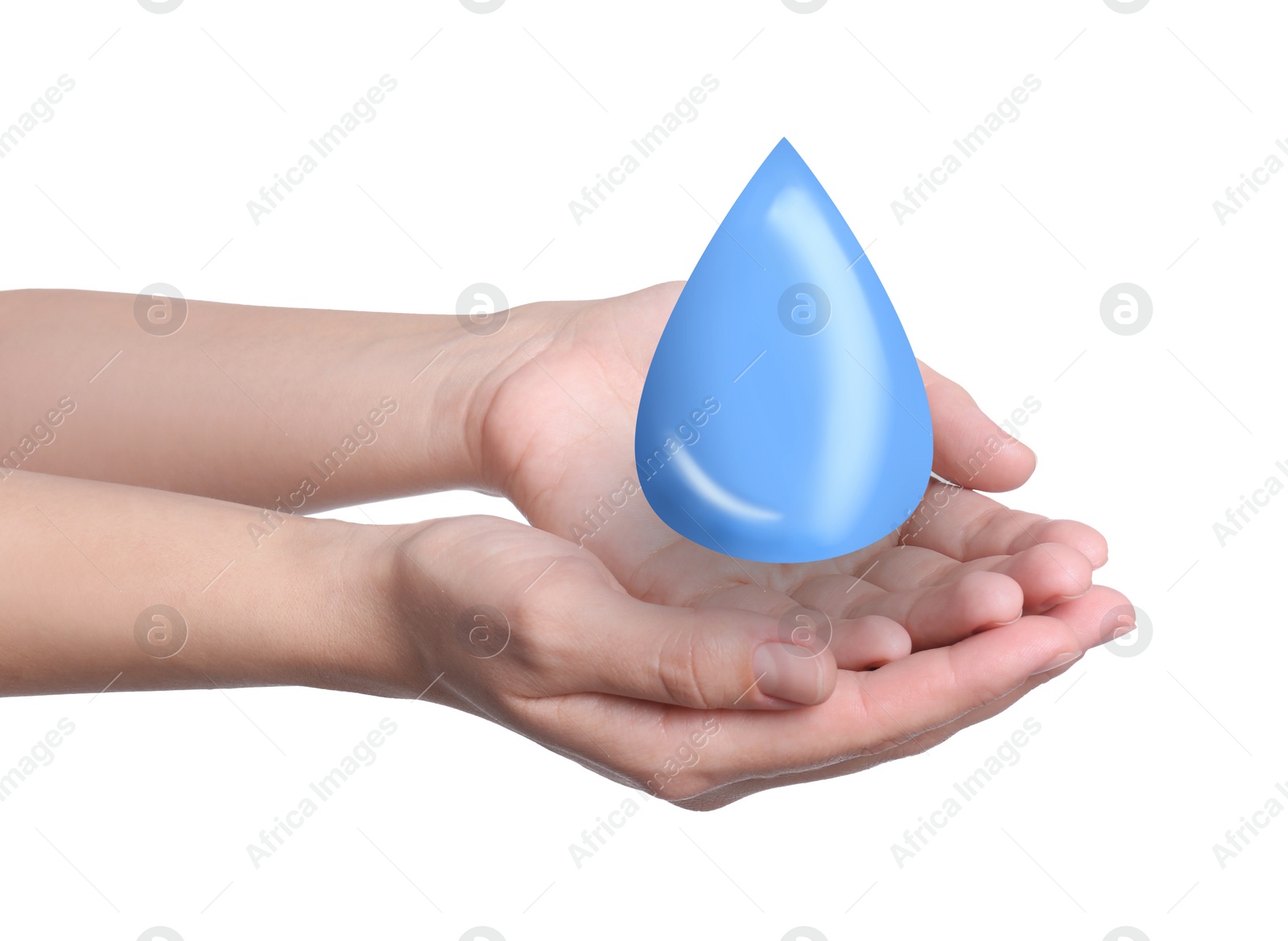 Image of Woman holding water drop on white background, closeup. Ecology protection