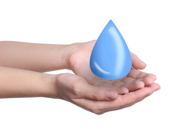 Woman holding water drop on white background, closeup. Ecology protection