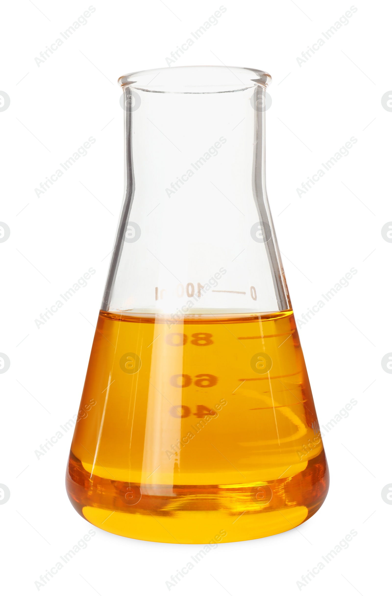 Photo of Flask with orange crude oil isolated on white