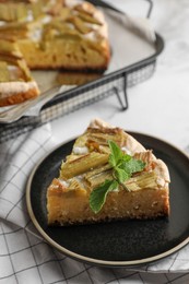 Freshly baked rhubarb pie on white marble table