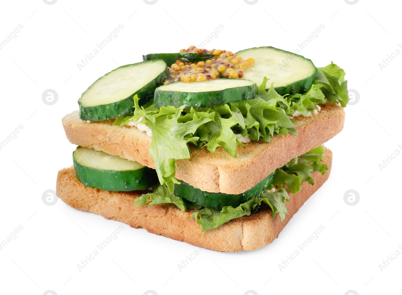 Photo of Tasty cucumber sandwiches with arugula and mustard isolated on white