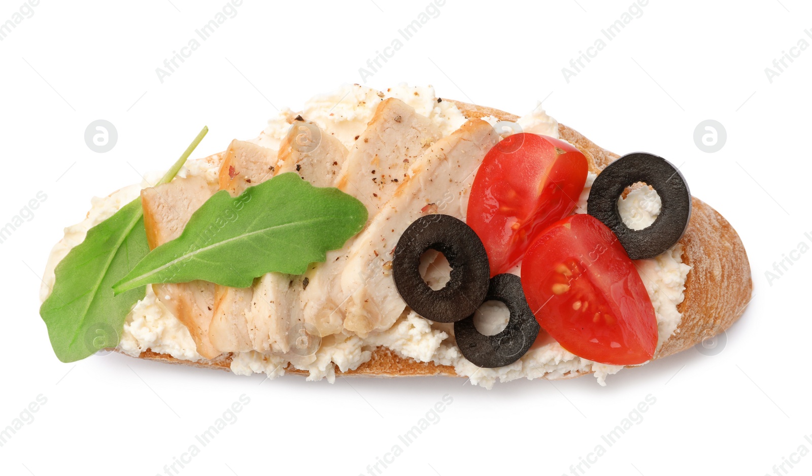 Photo of Delicious chicken bruschetta on white background, top view