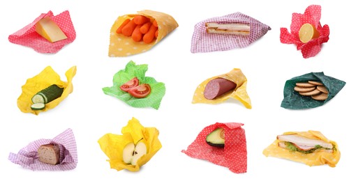 Image of Collage of different food products in beeswax food wraps isolated on white